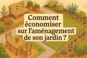 Vue aérienne d’un petit jardin moderne avec aménagement jardin économique, zones repas, allée gravier et carré de gazon synthétique