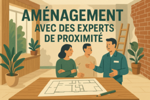 Illustration projet d'aménagement avec experts locaux dans un espace de vie durable