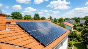 Panneaux photovoltaïques sur un toit résidentiel ensoleillé, symbolisant l'énergie solaire.