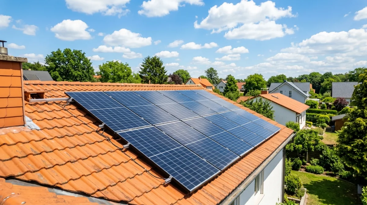 Panneaux photovoltaïques sur un toit résidentiel ensoleillé, symbolisant l'énergie solaire.