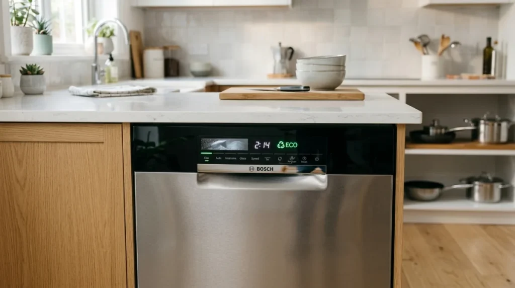 Lave-vaisselle moderne en mode éco, symbole écologique sur panneau de contrôle, cuisine propre.