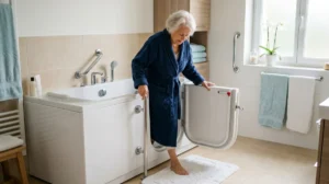 Personne âgée entrant prudemment dans une baignoire à porte avec barre d'appui.
