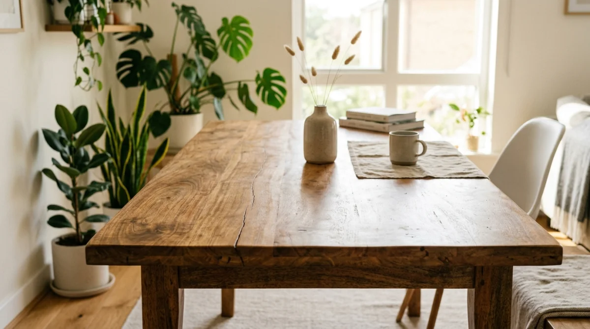 Table en bois de manguier avec une fissure, montrant un inconvénient potentiel du matériau.