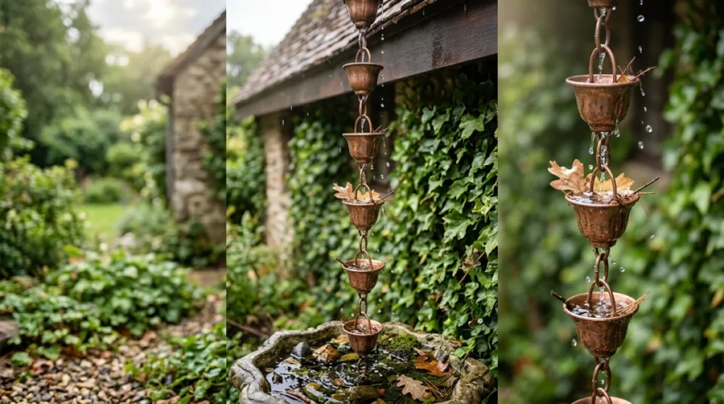 Chaîne de pluie avec gouttes d'eau, feuilles et débris, devant un mur de lierre.