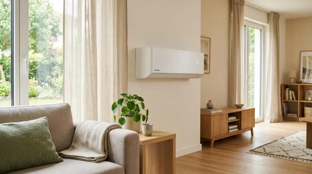 Climatisation réversible moderne dans un salon lumineux, illustrant les inconvénients potentiels.