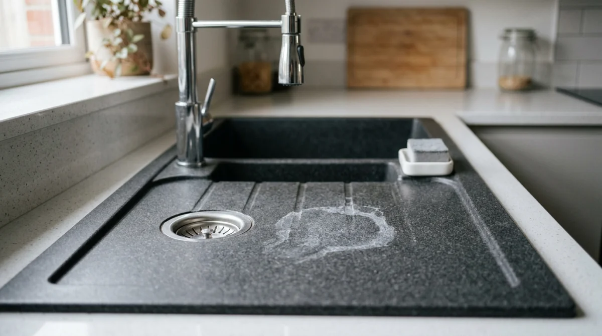 Évier granit gris foncé avec trace d'eau sèche, cuisine moderne, inconvénient d'entretien.