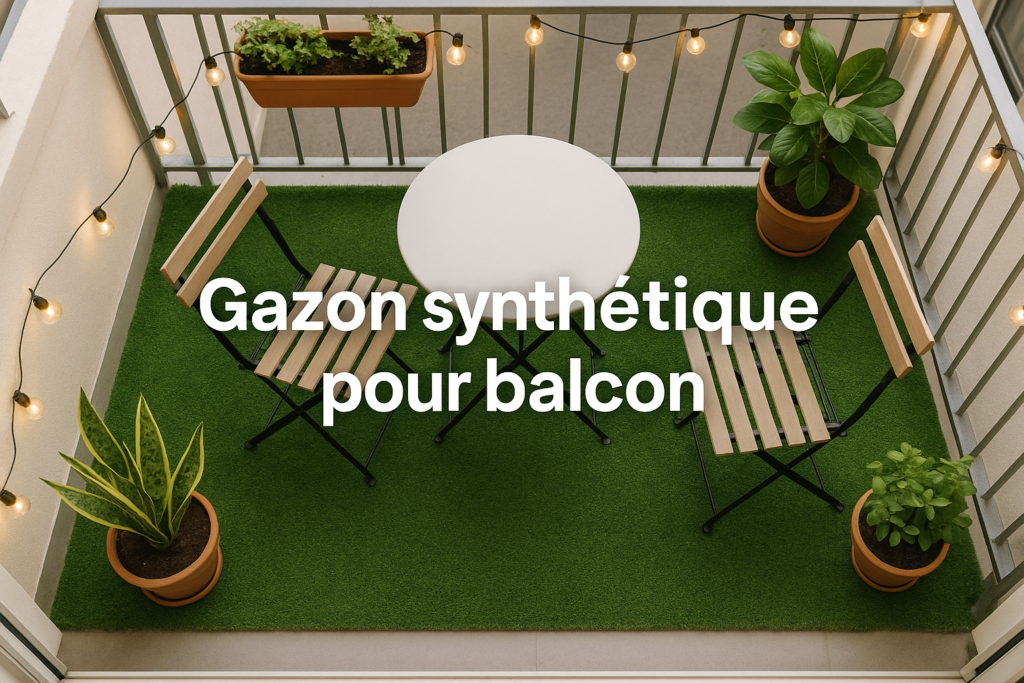 Petit gazon synthétique balcon moderne avec table et plantes