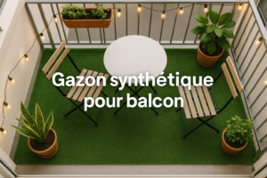 Petit gazon synthétique balcon moderne avec table et plantes