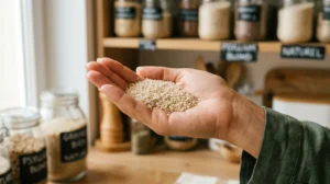 Main tenant une poignée de graines de psyllium blond, remède naturel pour la santé intestinale.