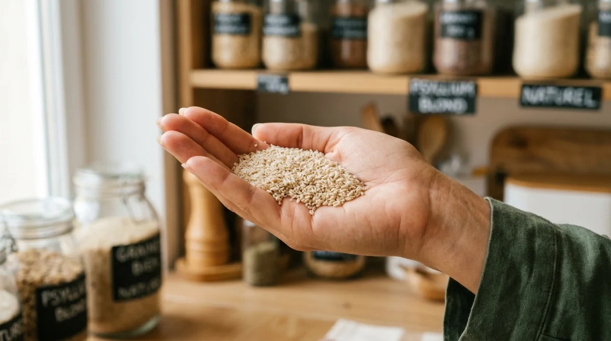 Main tenant une poignée de graines de psyllium blond, remède naturel pour la santé intestinale.
