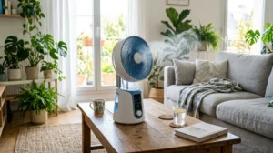 Ventilateur brumisateur moderne dans un salon d'été, diffusant une fine brume rafraîchissante.