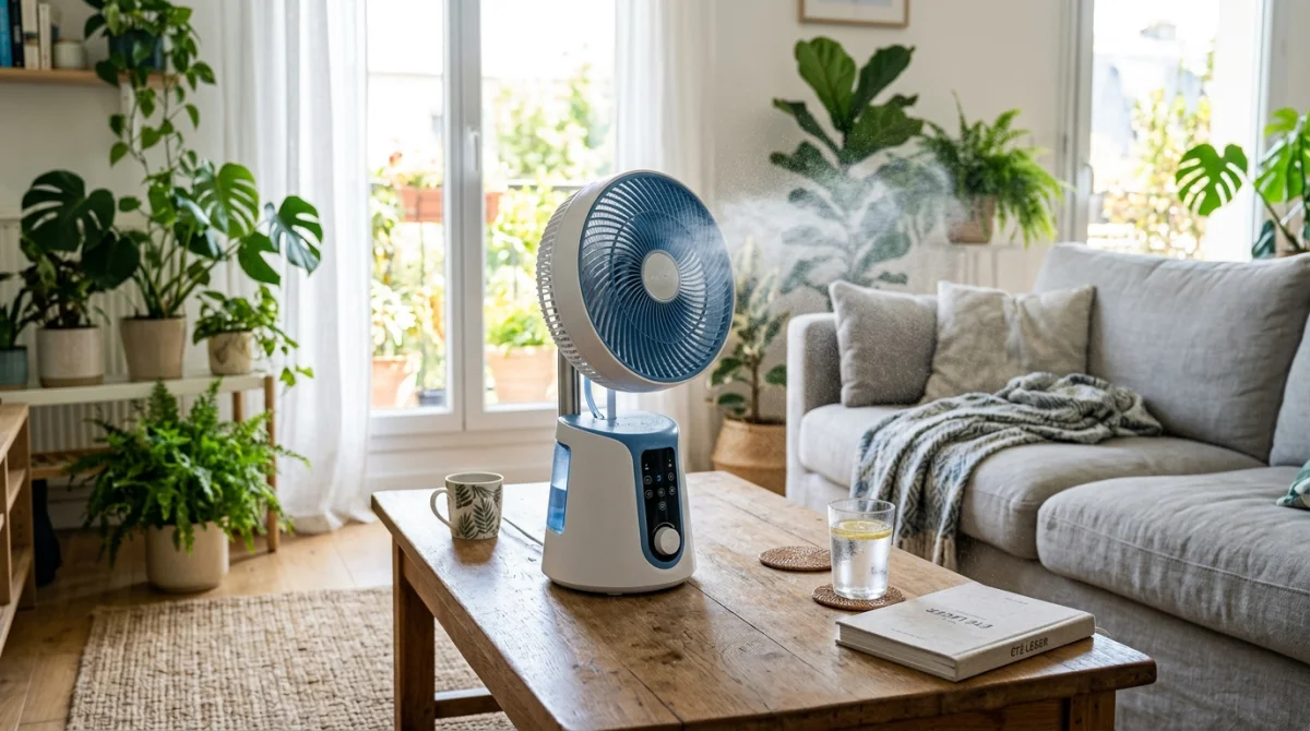 Ventilateur brumisateur moderne dans un salon d'été, diffusant une fine brume rafraîchissante.