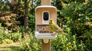 Mangeoire connectée Birdfy dans un jardin ensoleillé avec un oiseau coloré posé devant la caméra intégrée.