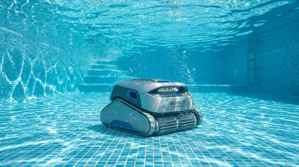 Robot nettoyeur de piscine Beatbot AquaSense 2 moderne et élégant immergé dans une eau cristalline pour notre avis.