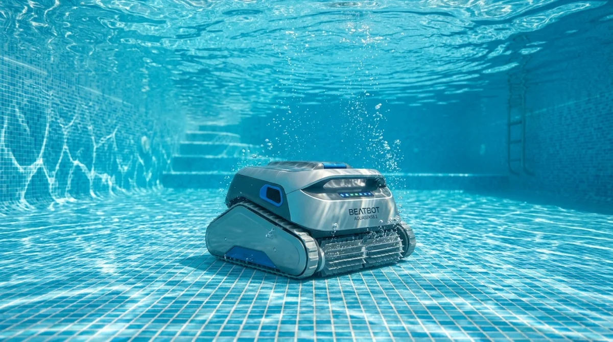 Robot nettoyeur de piscine Beatbot AquaSense 2 moderne et élégant immergé dans une eau cristalline pour notre avis.