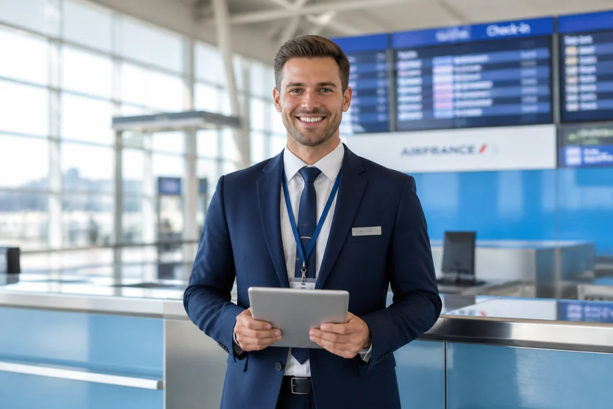 Agent d'escale souriant en uniforme professionnel tenant une tablette devant un comptoir d'enregistrement dans un aéroport moderne.
