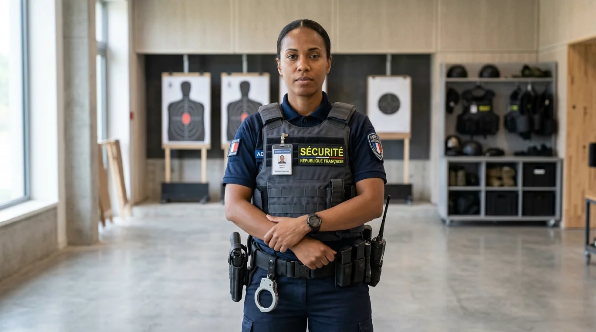 Agent de sécurité professionnel en tenue tactique dans un centre de formation pour devenir convoyeur de fonds.