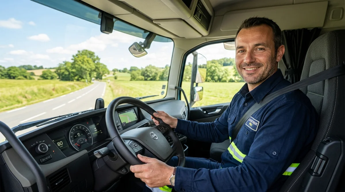 Chauffeur poids lourd souriant au volant d'un camion moderne sur une route ensoleillée pour devenir chauffeur poids lourd.