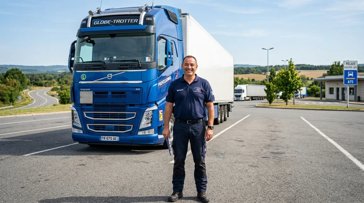 Chauffeur routier professionnel souriant posant devant son camion moderne pour illustrer comment devenir chauffeur routier.