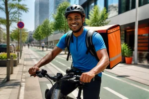 Coursier professionnel souriant sur un vélo électrique urbain, illustrant comment devenir coursier rapidement et efficacement.