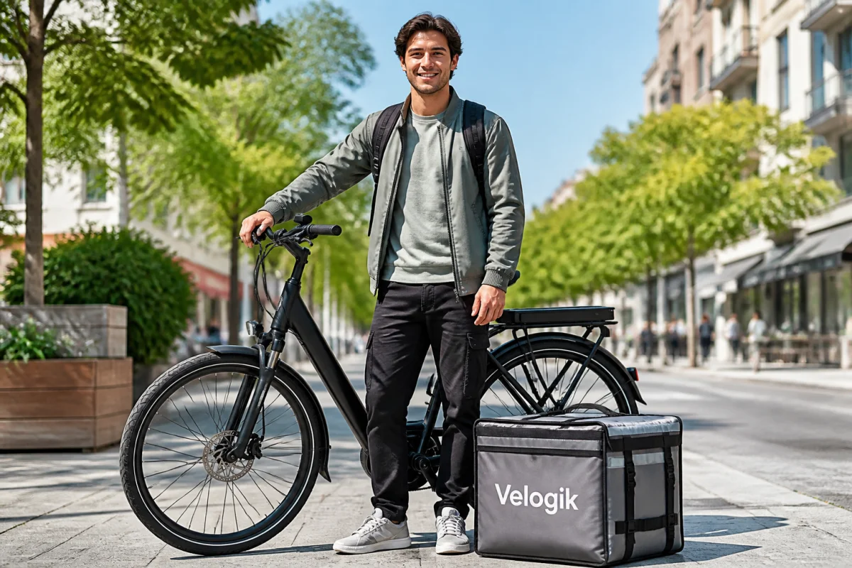Jeune coursier souriant à côté de son vélo de ville pour apprendre comment devenir coursier professionnel efficacement.