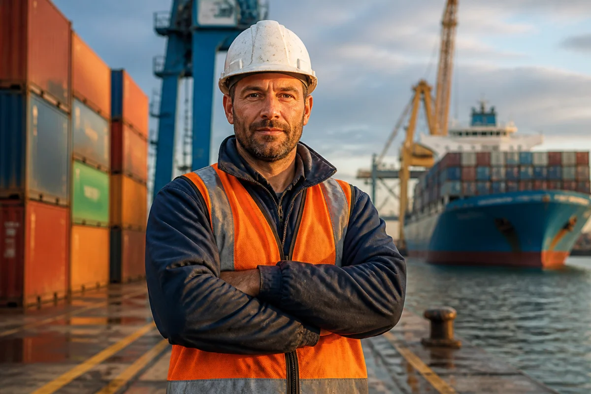 Docker expérimenté en tenue de sécurité sur un quai de port industriel pour apprendre comment devenir docker.
