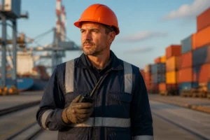 Docker professionnel en tenue de sécurité sur un quai de port, illustrant comment devenir docker dans le secteur maritime.