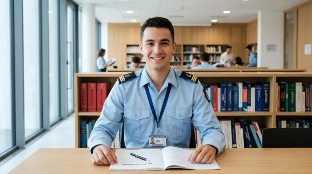 Jeune étudiant souriant en formation pour devenir douanier dans une salle de cours moderne et lumineuse.