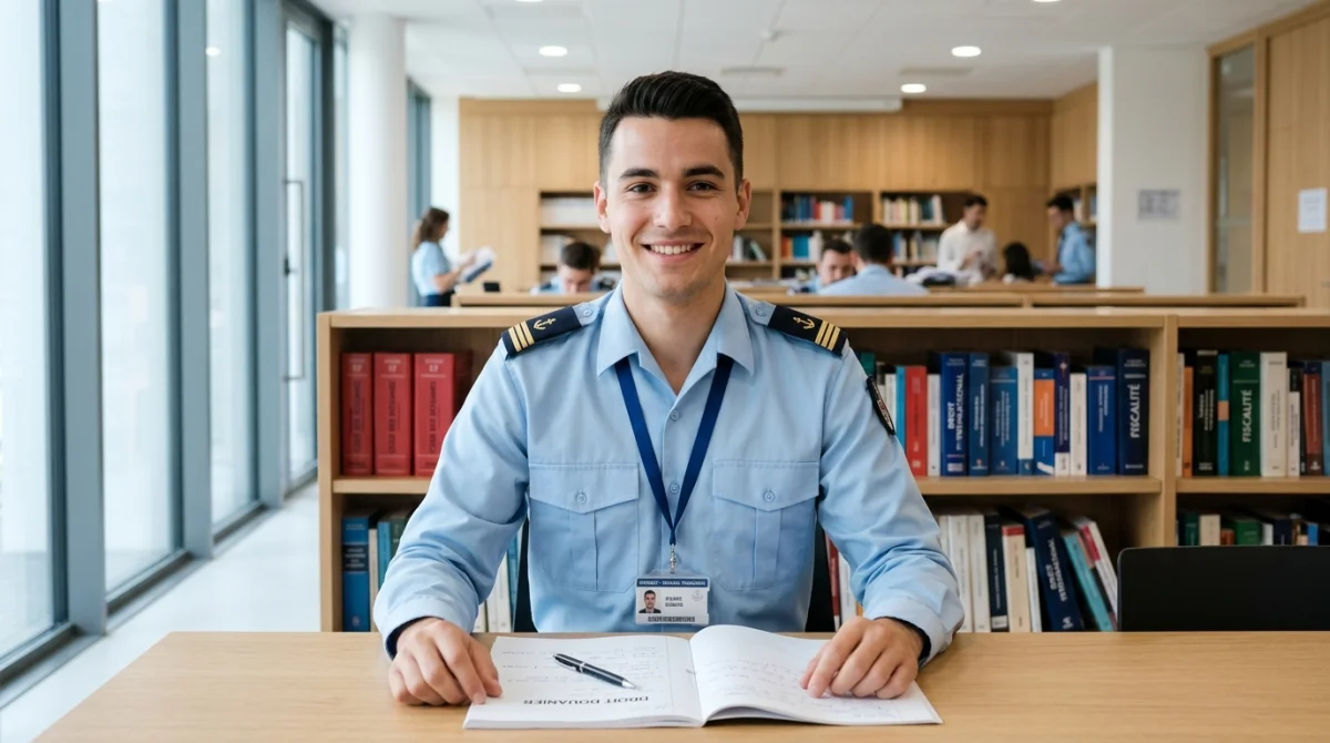 Jeune étudiant souriant en formation pour devenir douanier dans une salle de cours moderne et lumineuse.