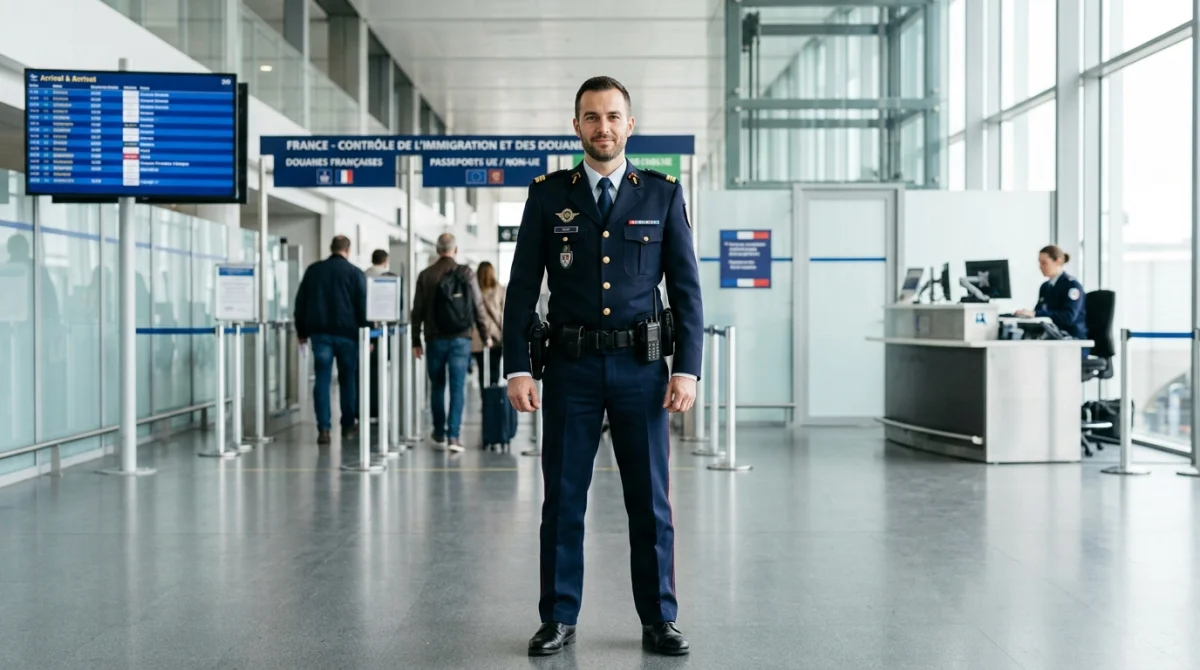 Douanier en uniforme officiel se tenant avec assurance dans un poste de contrôle moderne et lumineux.