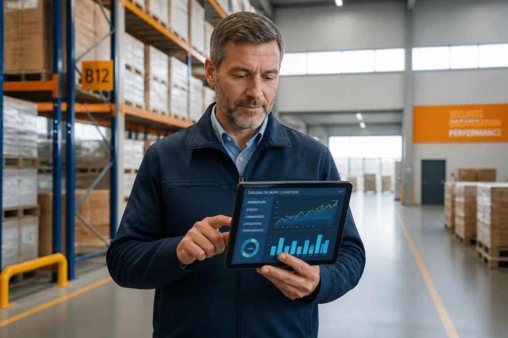 Responsable logistique concentré consultant des données de performance sur une tablette dans un entrepôt moderne et organisé.