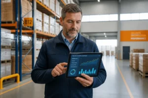 Responsable logistique concentré consultant des données de performance sur une tablette dans un entrepôt moderne et organisé.