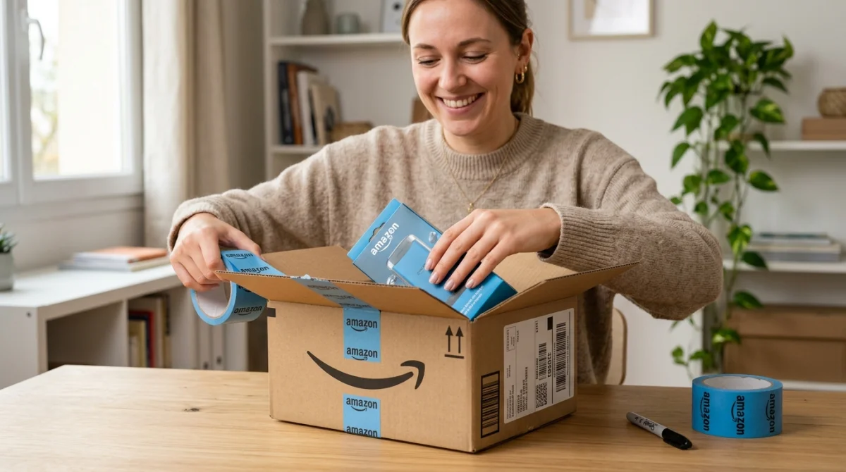 Personne rangeant soigneusement un article dans un colis Amazon pour expliquer comment renvoyer un colis Amazon.