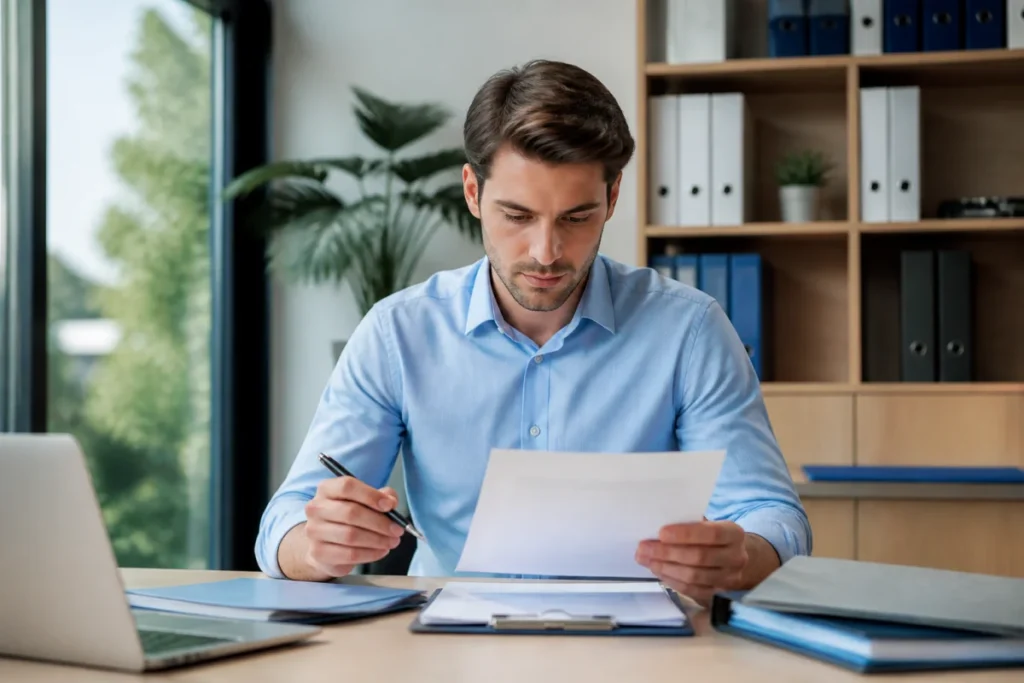 Jeune professionnel concentré examinant des documents administratifs dans un bureau moderne pour devenir déclarant en douane.