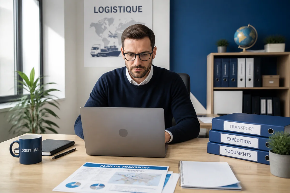 Professionnel de la logistique travaillant sur ordinateur dans un bureau moderne pour devenir déclarant en douane.