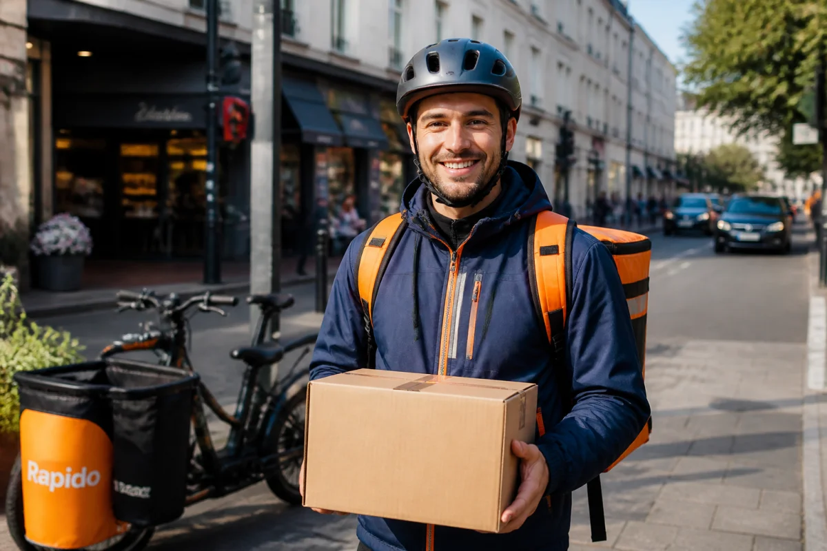 Livreur indépendant souriant tenant un colis devant son vélo cargo électrique dans une rue urbaine moderne.
