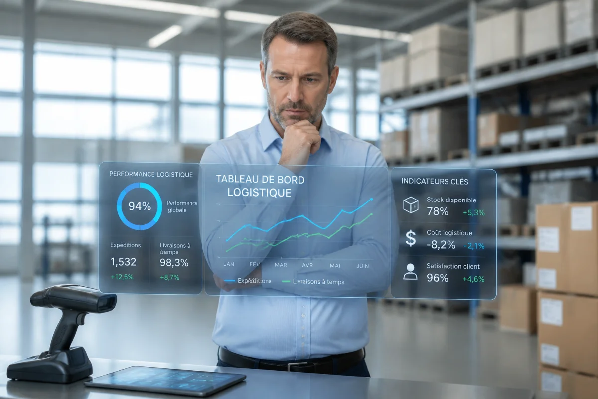 Responsable logistique consultant des indicateurs de performance sur un tableau de bord numérique dans un entrepôt moderne.