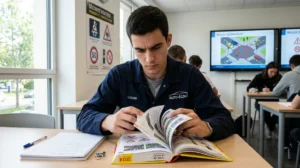 Étudiant concentré étudiant son manuel dans un centre de formation pour devenir chauffeur routier professionnel.