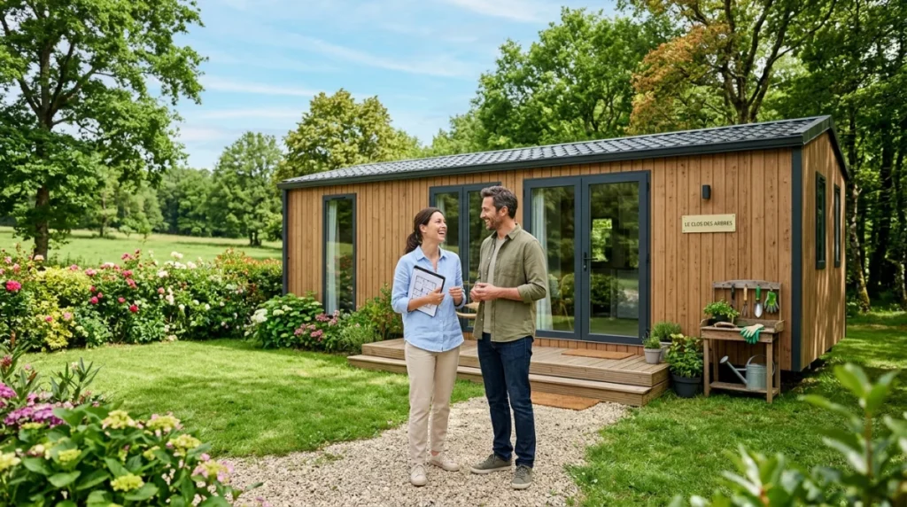 Couple souriant consultant des plans devant un mobil-home moderne installé sur un vaste terrain constructible ensoleillé.