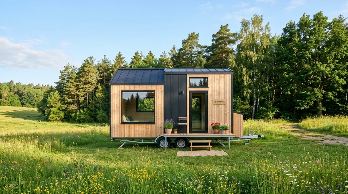 Tiny house moderne en bois installée sur une remorque dans un champ verdoyant pour illustrer l'habitat léger.