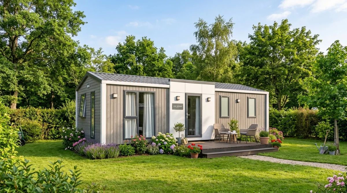 Mobil-home moderne et élégant installé sur un terrain constructible verdoyant avec jardin et terrasse en bois.