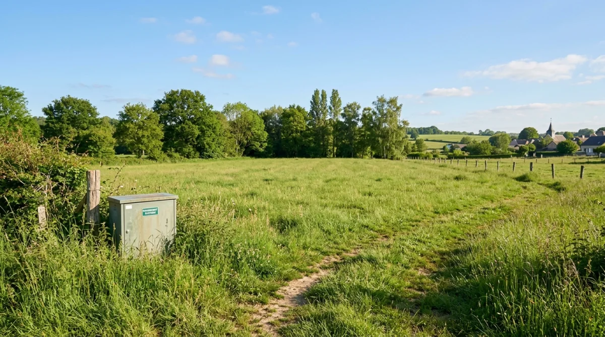 Terrain verdoyant ensoleillé avec un boîtier de raccordement électrique discret pour illustrer l'accès aux réseaux sur terrain non constructible.