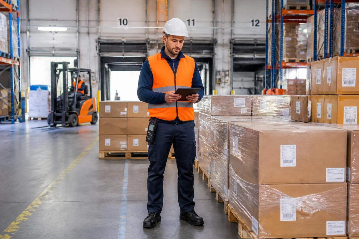Agent logistique en tenue de sécurité contrôlant des palettes avec une tablette dans un entrepôt moderne