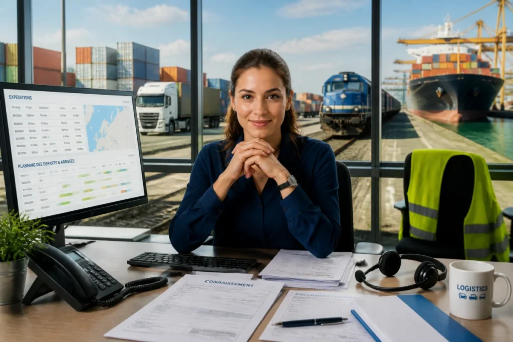 Agent de transit devant des documents d’expédition, avec conteneurs, camion, train et navire en arrière-plan