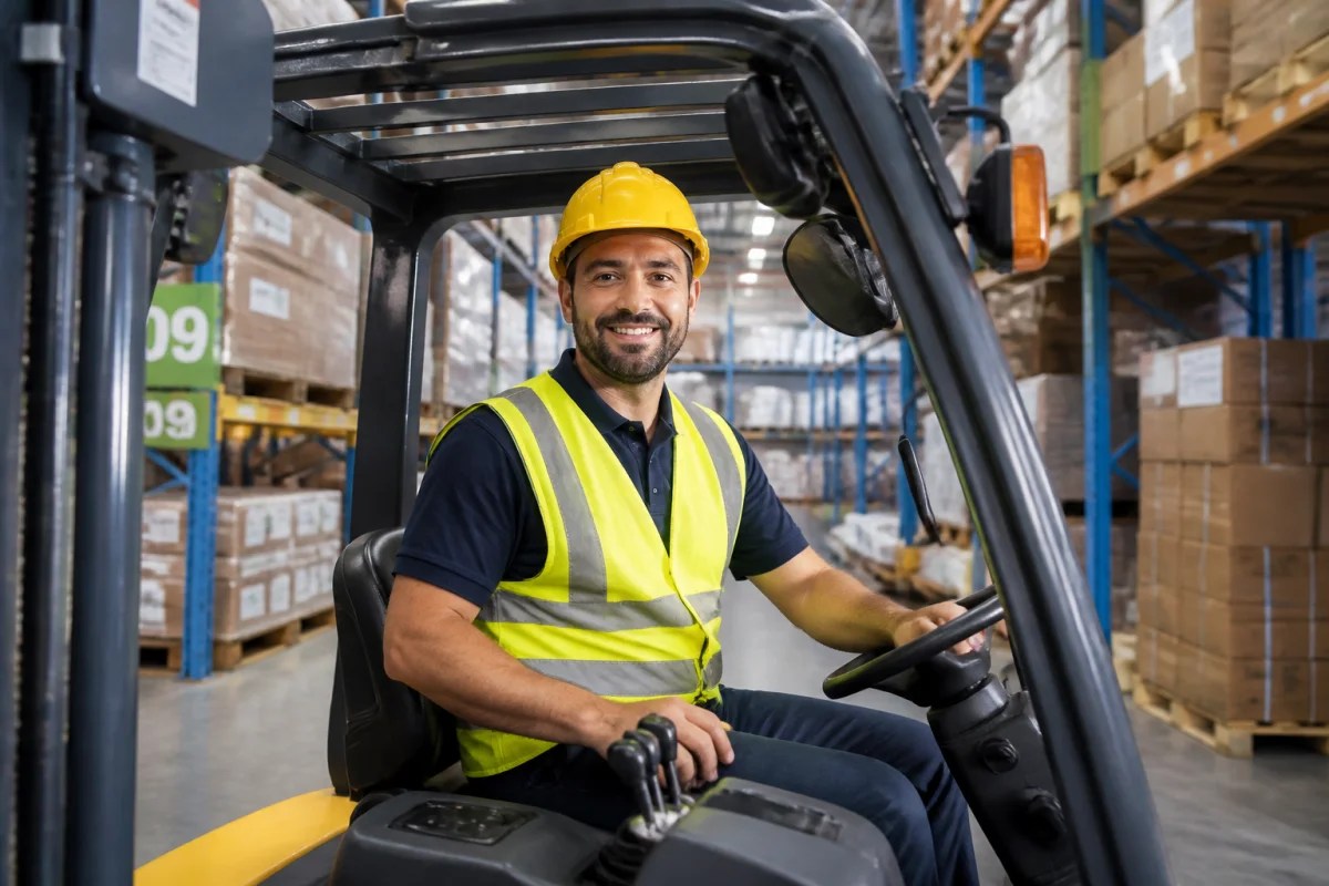 Cariste professionnel souriant aux commandes d'un chariot élévateur dans un entrepôt logistique moderne pour devenir cariste.