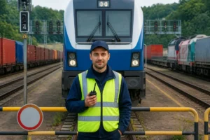 Conducteur de train de marchandises en tenue professionnelle devant une locomotive dans une gare de triage ferroviaire