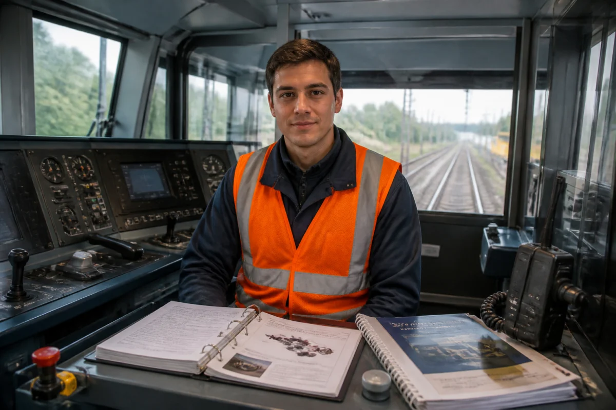 Conducteur de train de marchandises en formation dans la cabine d’une locomotive, devant les commandes et documents de sécurité