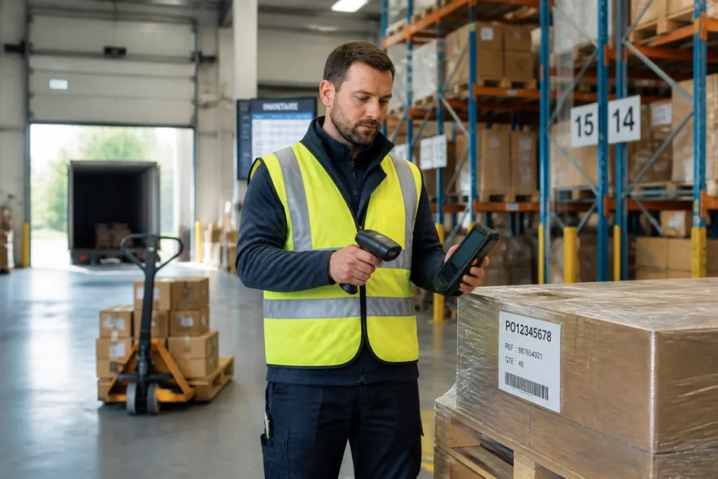 Agent logistique contrôlant une palette étiquetée avec un scanner et un terminal dans un entrepôt moderne