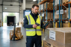 Agent logistique contrôlant une palette étiquetée avec un scanner et un terminal dans un entrepôt moderne