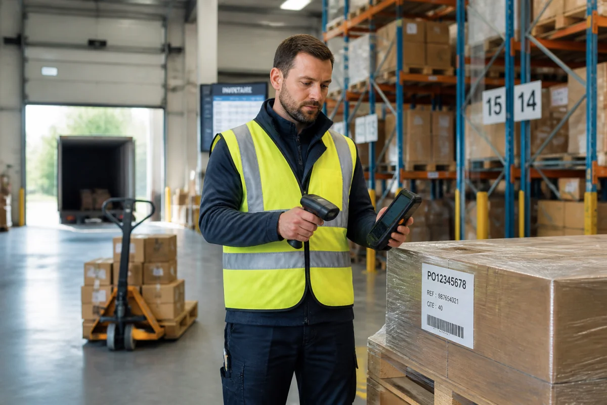 Agent logistique contrôlant une palette étiquetée avec un scanner et un terminal dans un entrepôt moderne